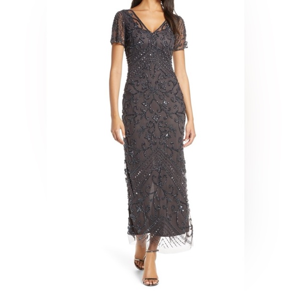 Pisarro Nights Beaded Mesh Column Gown in Slate Gray - Size 10 - Picture 16 of 16